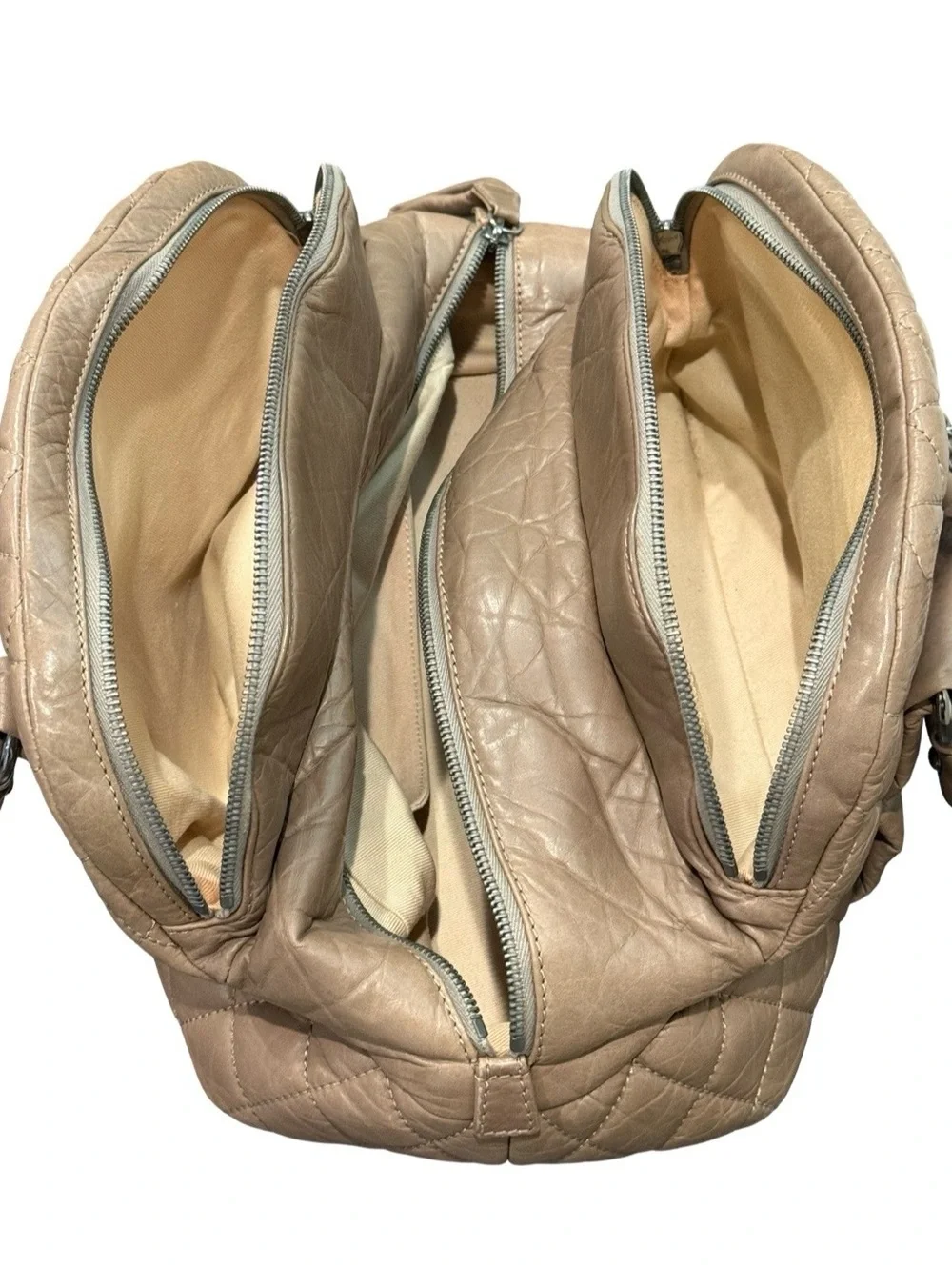 Chanel Lady Braid Bowler Bag Distressed Lambskin Taupe Quilted Satchel 13”
